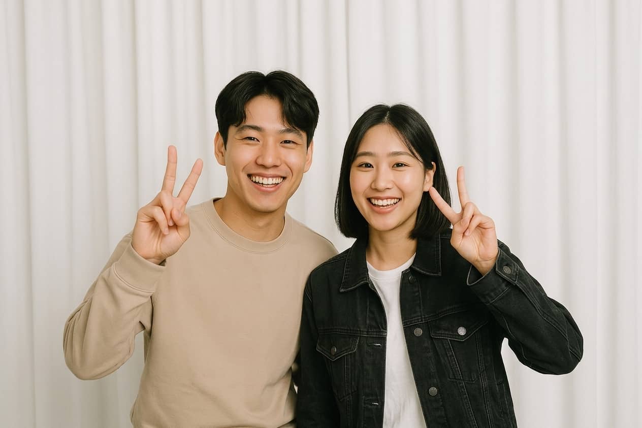 포토부스 앞에서 함께 웃으며 사진을 찍는 두 사람